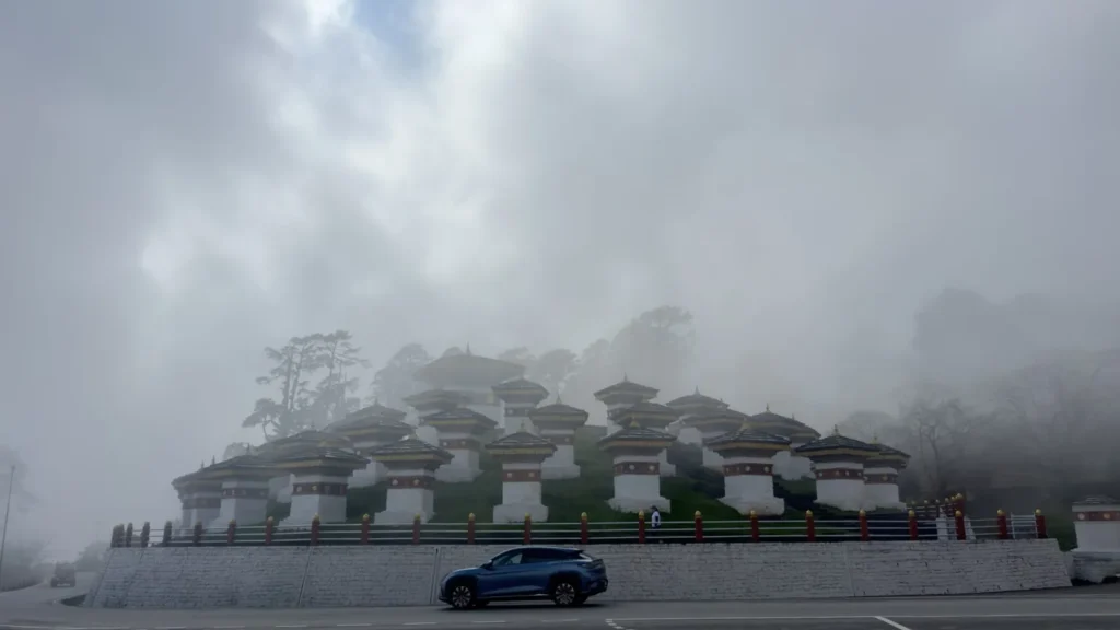 108 chortens at Dochula Pass in Bhutan surrounded by thick mountain mist